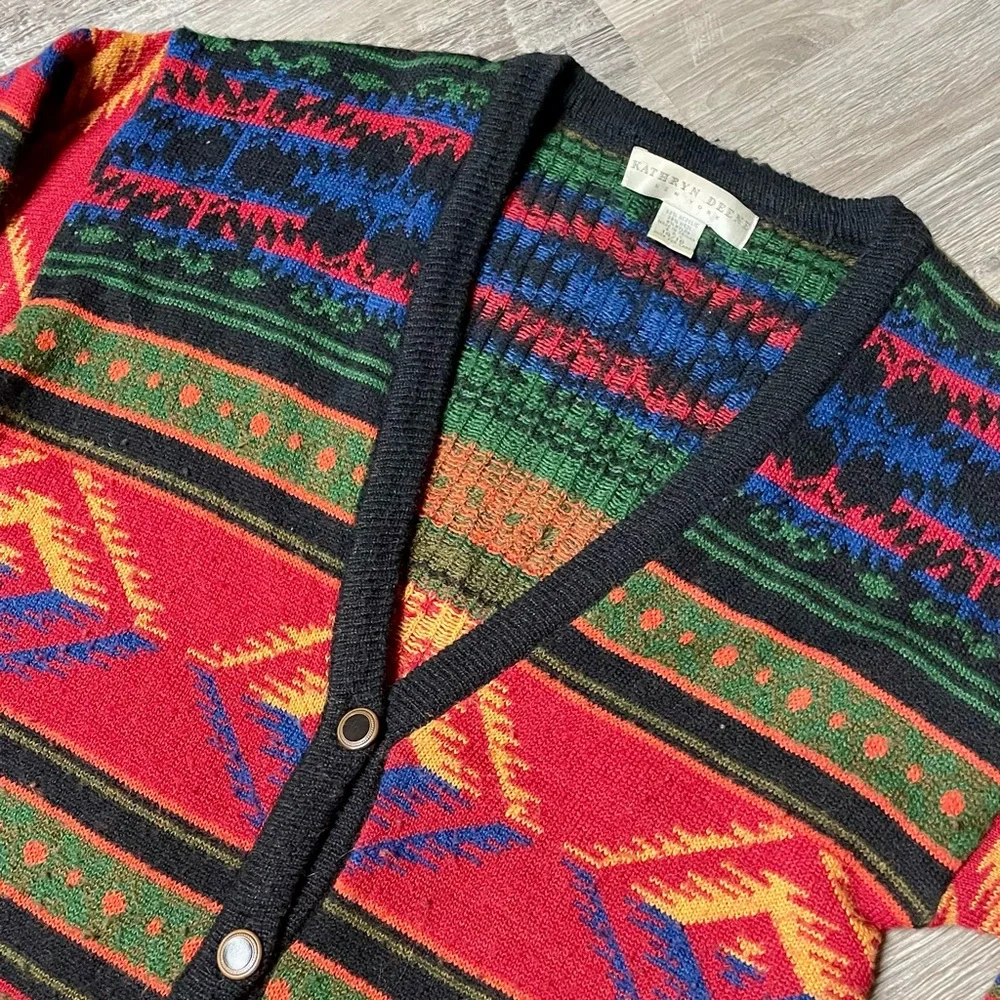 Vintage 1990s Kathryn Deene New York Wool Blend Western Knit Cardigan - Picture 5 of 12